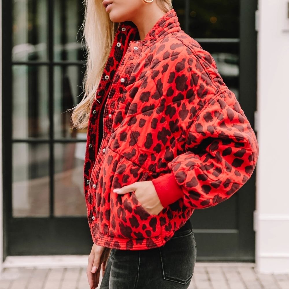 NWOT 🐾 BLANKNYC Leopard jacket in “Fierce” size Small, red and black, quilted